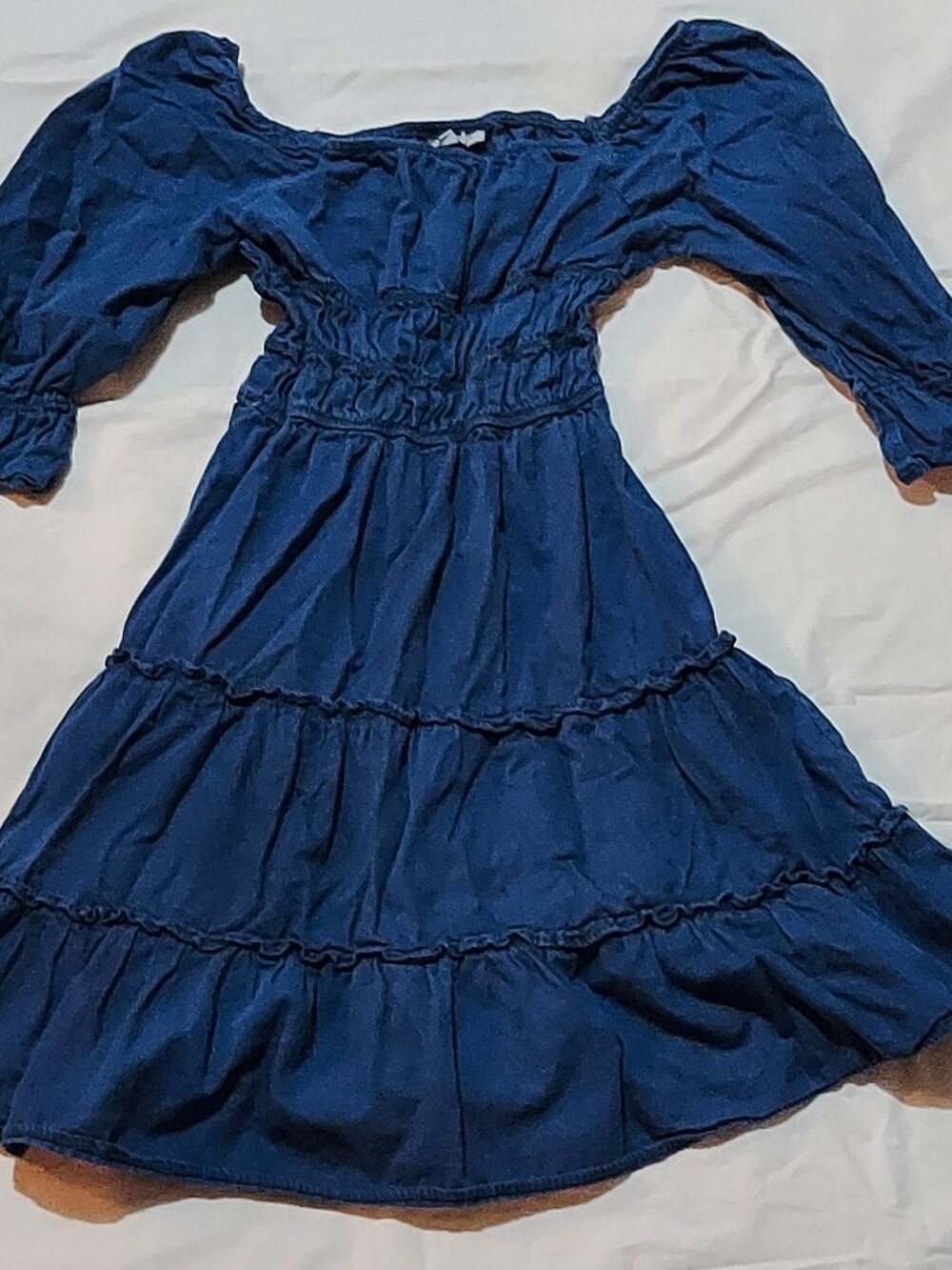 Blue Puff Sleeve Dress with Crimped Waist - Picture 1 of 1